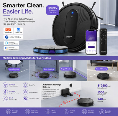 MONSGA Saugroboter 3000Pa Smart WiFi Wischmop Alexa Google Home