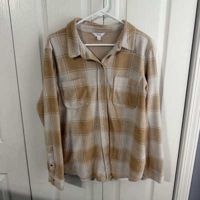 Time & Tru Tan White Plaid Button Up Flannel Shacket Women s Size XL Cottage