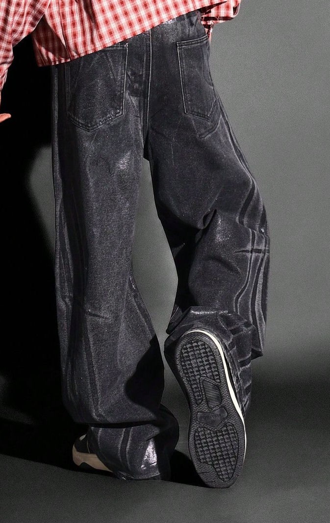 Men's Wax Coated Metallic Finish Wide Leg Baggy Denim Jeans