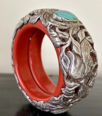 Antique Chinese Export Silver Bangle Orange Catalin Bakelite Dragon Phoenix Turq