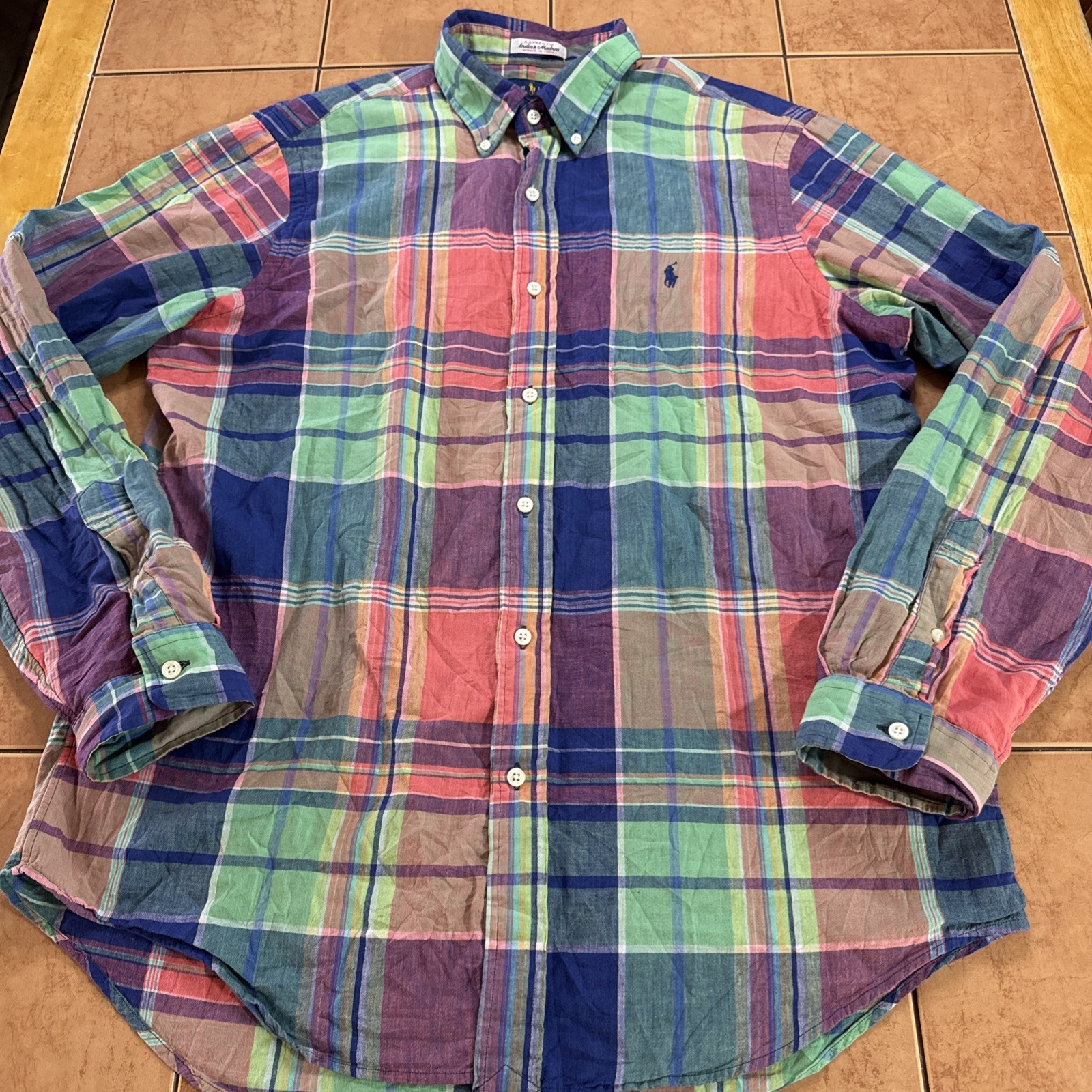 Ralph Lauren Indian Madras Shirt Sz L Button Down L/S Classic Fit Indigo Pony