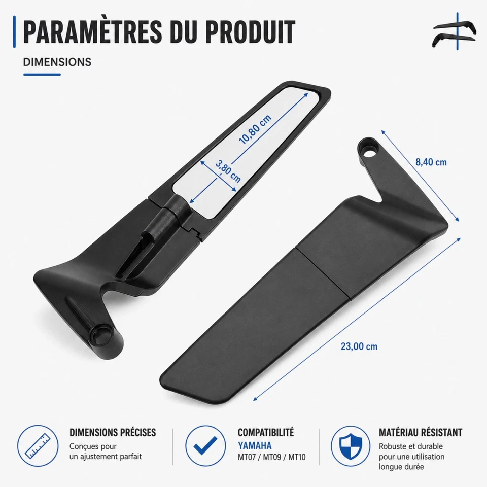 Rétroviseurs moto winglet réglables compatibles Yamaha MT-07 MT-09 MT-10 8/10mm - Photo 3/4