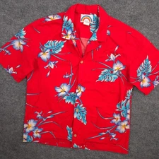 Vintage Paradise Found Shirt Mens M Red Blue Hawaiian Floral Camp Made In USA