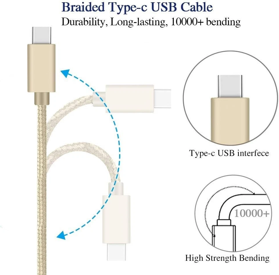 Trenzado USB a Tipo-C Carga Rápida Datos SYNC Cargador Cable Cable 3/6/10FT Lote Foto 3 de 4