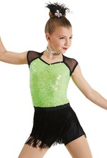 Weissman Ultra Sparkle Lime Yellow Fringe Sequin Dance Costume Size IC 7/8