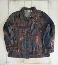 Chicos Embroidered Black Denim Jacket Women Size 2 or 12/14 Applique Embroidered