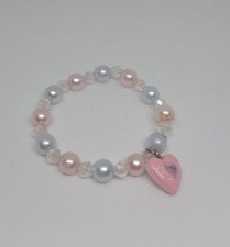 Kids Pink & Grey Pearl Bracelet Heart Charm Cute Accessory for Girls
