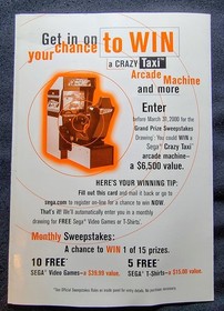 Sega Dreamcast Product Registration Sweepstakes Card Crazy Taxi Promo 1999