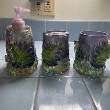Lucite 60s 70s Frog Bathroom 3 pc Set Soap Dispenser Toothbrush tumbler Decor