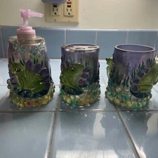 Lucite 60s 70s Frog Bathroom 3 pc Set Soap Dispenser Toothbrush tumbler Decor