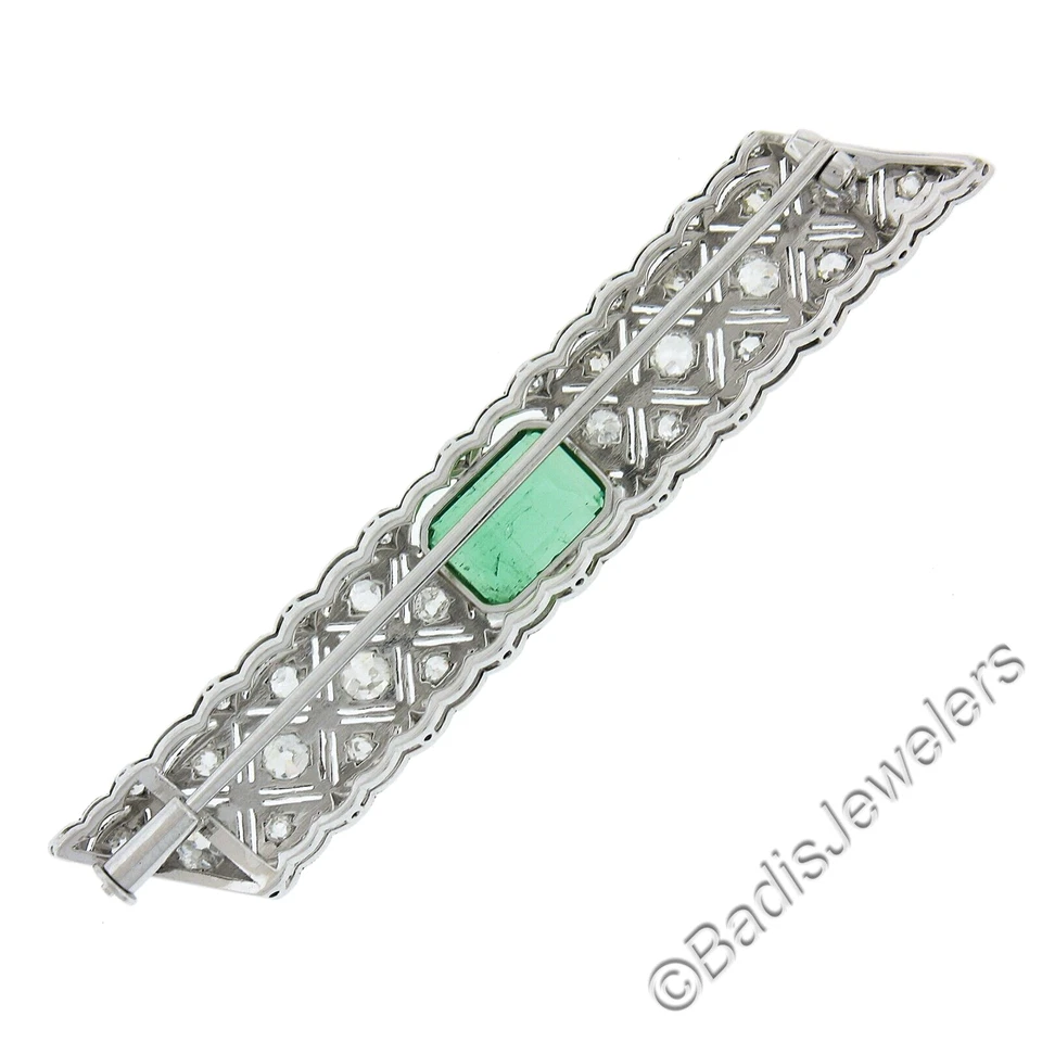 艺术装饰白金 3.68 克拉 GIA 哥伦比亚翡翠钻石条胸针胸针 — 第 4/4 张图片