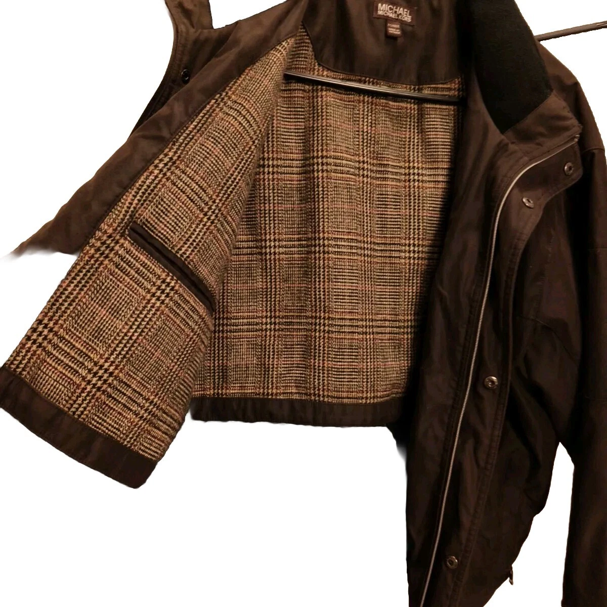 Giacca uomo autentica Michael Kors marrone scuro con cappuccio cerata XL cerniera rotta