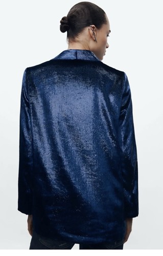 NWT ZARA Woman Velvet Blazer ZW Collection Navy Blue 9499/121 Sz S # g2 - Picture 8 of 15