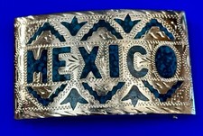 Mexico Inlaid Turquoise Stone Chip Into Silver Tone Rectangular Belt Buckle
