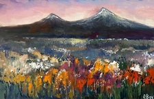 Ararat Mount Original Oil Painting Landscape Sunset Art 10x16" signed by Artist