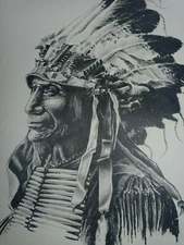 Sioux Chief Broken Arm Native American Indian Headdress B&W Vtg Bob Dale Print