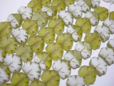 12 beads - Matte Green and White with Gold Czech Glass Maple Leaf Beads 11x12mm