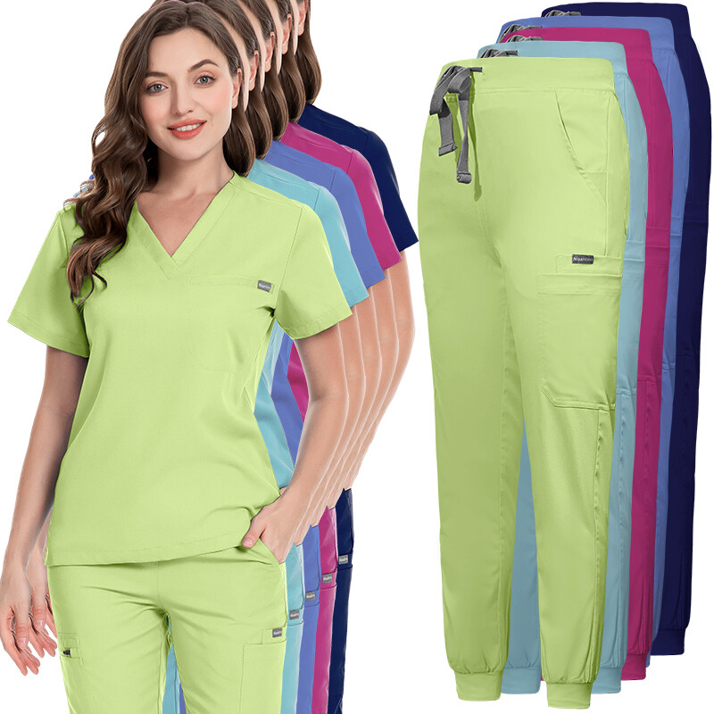 Stretch Jogger Scrub Sets Medical Uniforms V-Neck 1-pocket Top Pant W/8-pocket