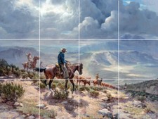 Beef Herd country western cowboys cows trail drive ceramic tile mural backsplash
