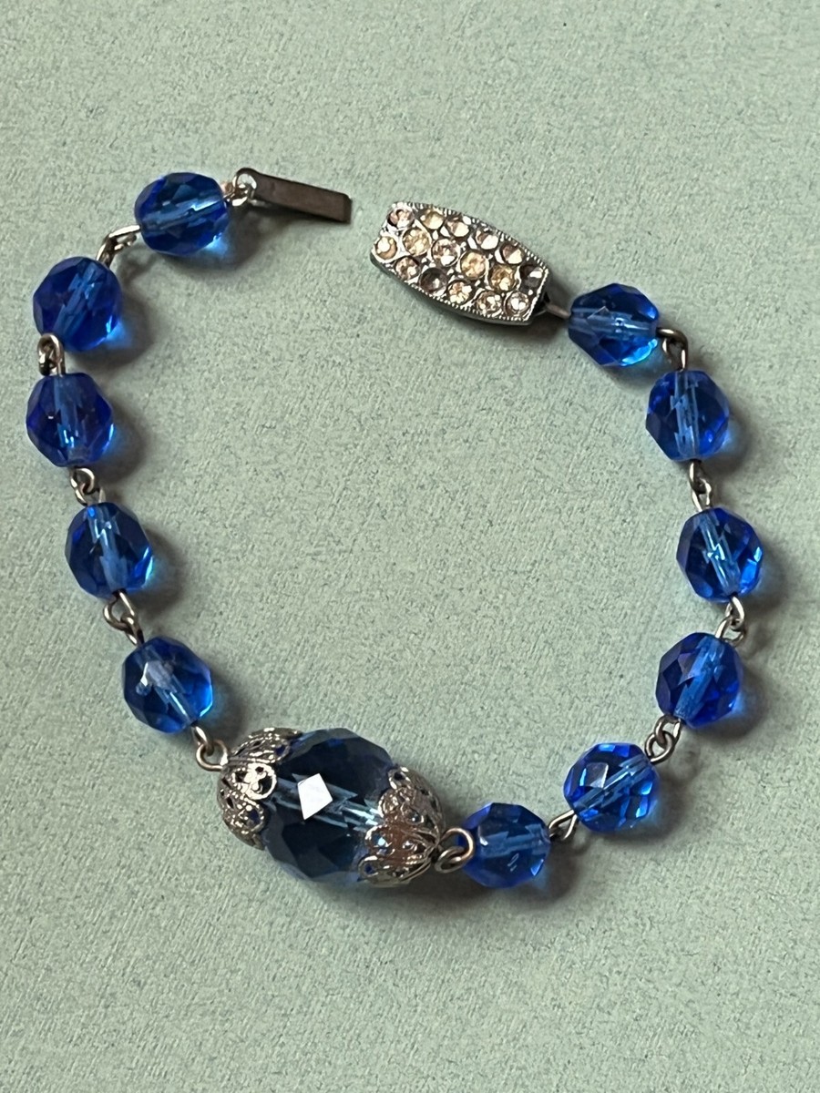 Vintage Czechoslovakia Marked Cobalt Blue Faceted Glass Bead Silvertone  Bracelet