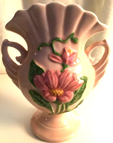 Vintage Vase Fan Hull Art Pottery H-6 Pink Magnolia Double Handles 6.5"