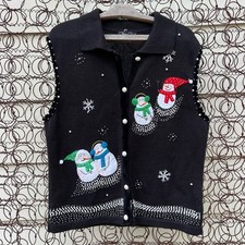 Vintage 90s Snowmen Winter Christmas Ugly Sweater Vest Black Applique XL