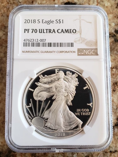2018-S Proof American Silver Eagle, NGC PF70 Ultra Cameo, NGC Brown Label