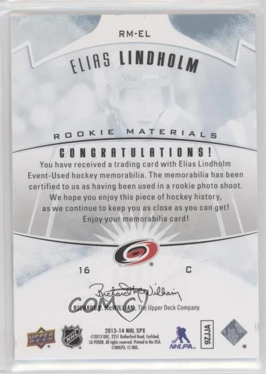2013-14 SPx Rookie Materials Elias Lindholm #RM-EL RC - Image 2 of 2