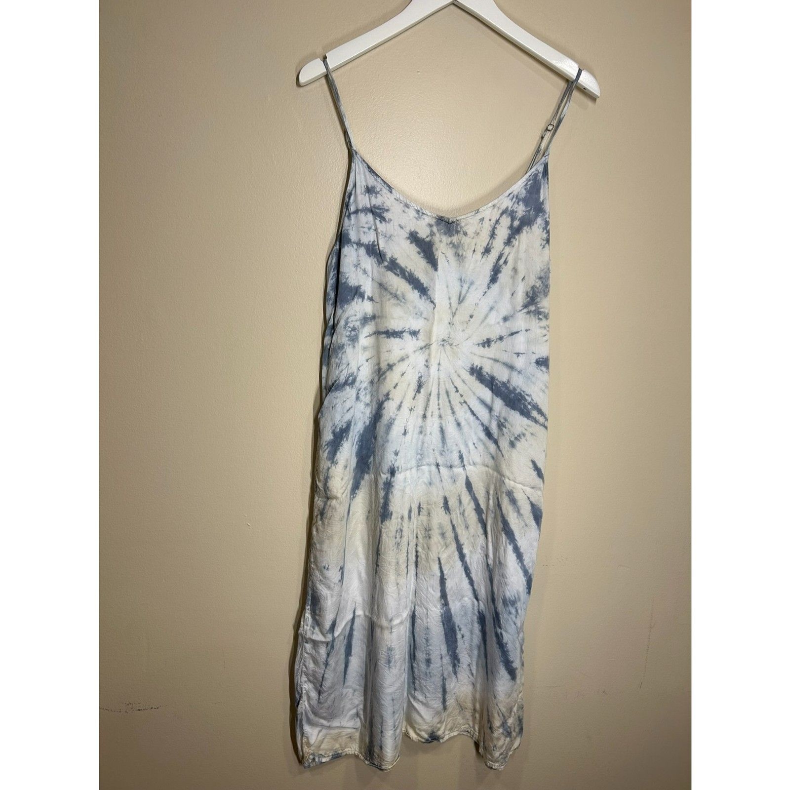 Volcom Tie-Dye Boho Blue Grey Spaghetti Strap Modal Slip Dress Women's Sz LG