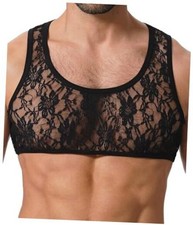 Men's Sissy Lace Muscle Tank Floral Crop Top Semi Transparent Large Black