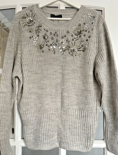 BNWT M&S embellished grey ribbed stretch round neck jumper - 16