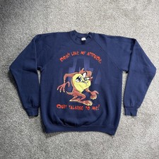 Vintage 1991 Looney Tunes Taz Big Face Black Sweatshirt Warner Bros Attitude 90s