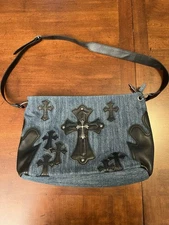 Chrome hearts Navy denim cross shoulder bag with black leather