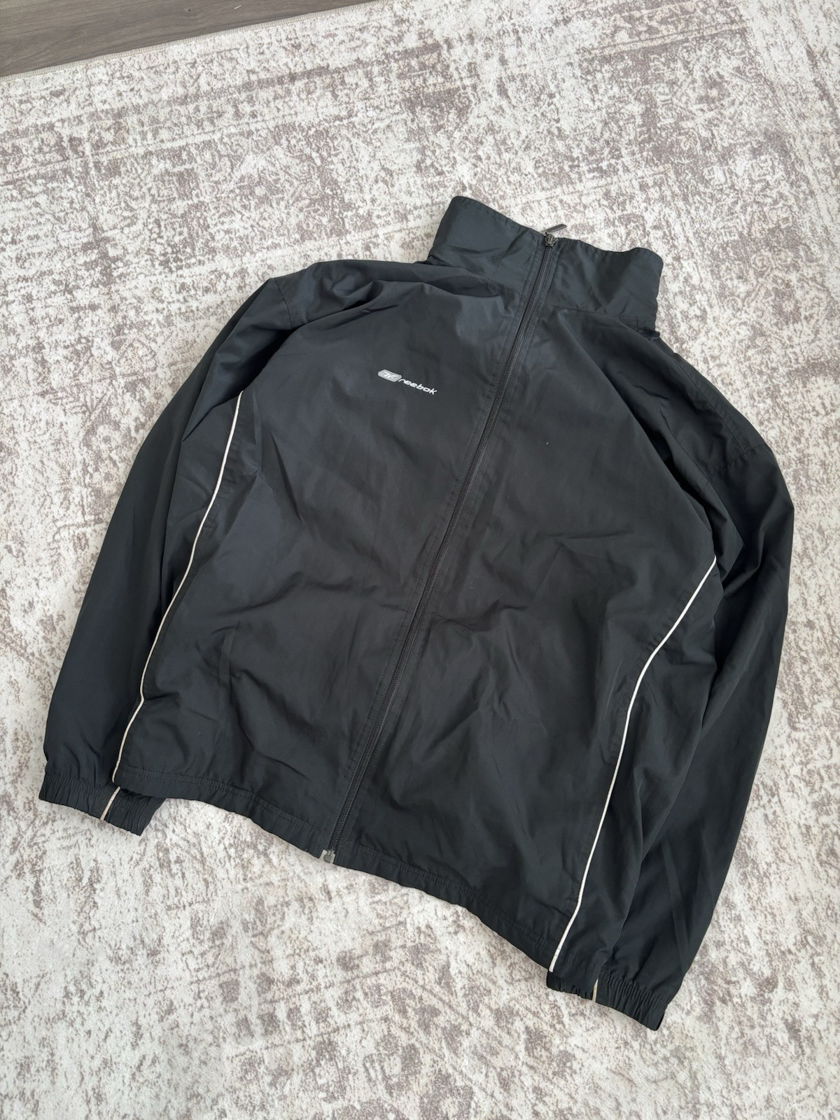 Vintage Reebok Mens Large Windbreaker Jacket Logo Black Full Zip Y2K