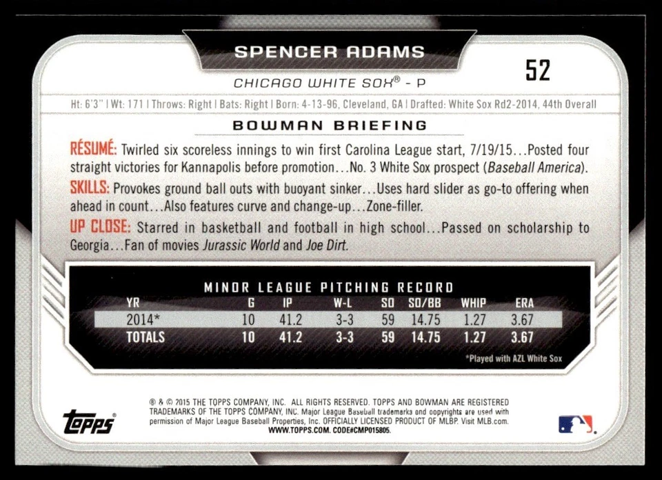 2015 Bowman Draft Picks & Prospects Spencer Adams Chicago White Sox #52 - Image 2 of 2