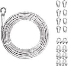 1/4" Steel Cable, Sunuwk 200Ft 7x19 Strand Aircraft Cable with Loops, 6400 Lbs