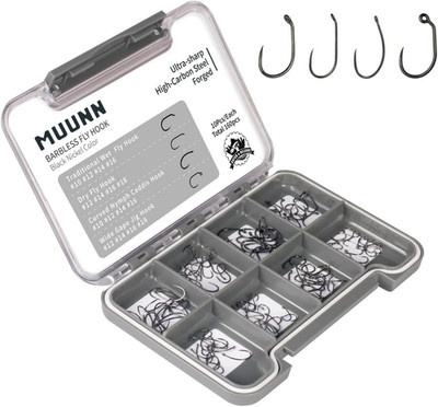 160Pcs Fly Tying Hooks Barbless Assortment 10# ~16# Dry Wet Curved Nymph Caddies