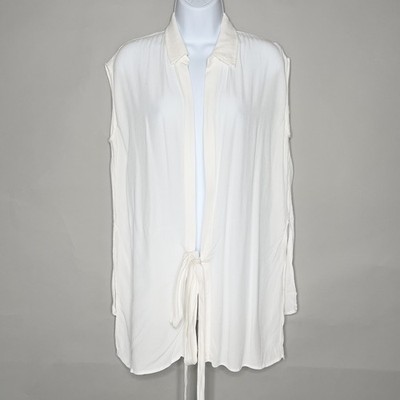 Current Air M Ivory Tie Front Sleeveless Tunic Top Semi Sheer Hi Low Kimono