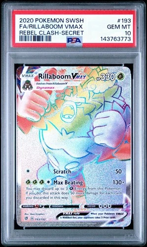 PSA 10 - 2020 POKEMON SWSH FA/RILLABOOM VMAX REBEL CLASH - SECRET 193