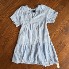 GAP NEW Tiered Gauze Dress Sz S Relaxed Cotton Pockets Puff Sleeve Chambray Blue