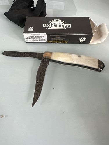 Bear & Son Damascus Mini Trapper - Smooth White Bone