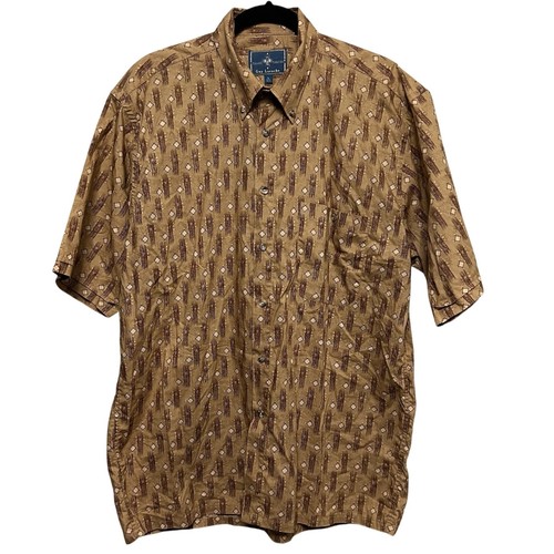 Guy Laroche, Guy Laroche Men's Shirt Brown L Short Sleeve Button Up Geometric Vintage Retro