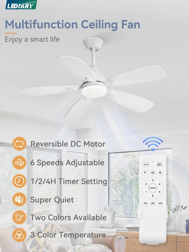 Ceiling Fans with Lights,42 inch Ceiling Fans with Lights and Remote,3CCT,6 S... - Image 2 of 4