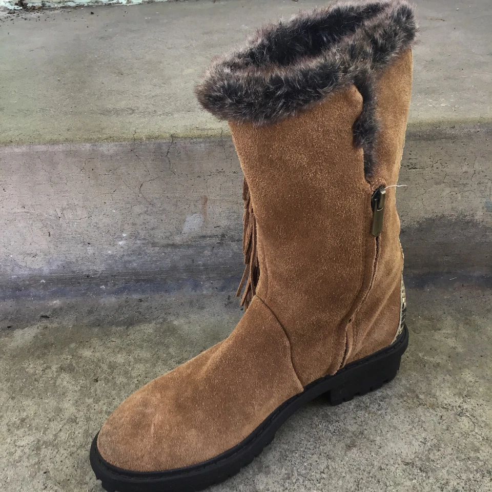 Women's Sam Edelman Tilden Winter Boots Snow Shoes Size 8 Brown Suede Fringe - Imagem 2 de 4