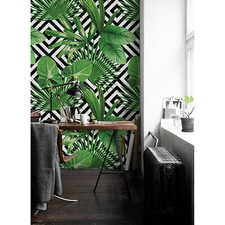 Tropical palm leaves geometric self-adhesive green black and white wall mural
