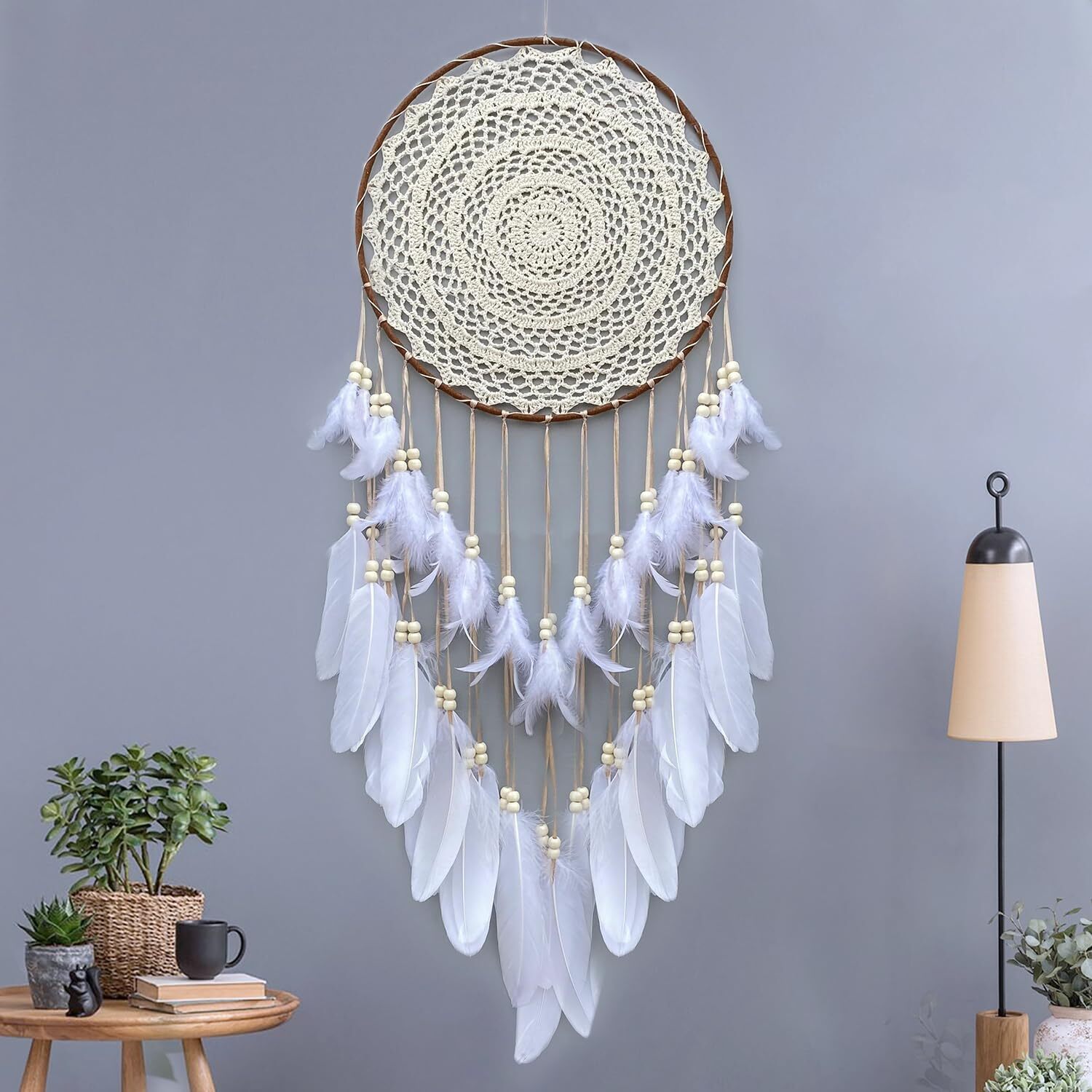 Large White Dream Catcher, Handmade Big Dream Catchers for Bedroom Wall Hangi...