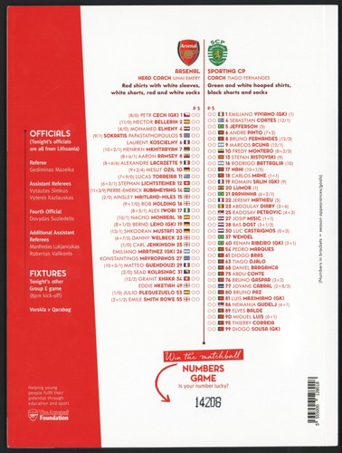 ARSENAL Vs SPORTING Match Programme Nov 8 2018 Europa league - Picture 2 of 2