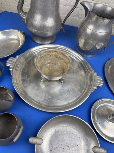 12 Pcs PEWTER 10 Lbs ~ Teapot, Pitcher, Bowls, Tray, Candlestick, Jefferson Cup - Picture 7 of 20