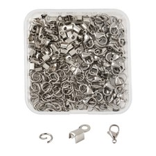 1 Box Stainless Steel Fold Over Crimp Cord Ends Lobster Claw Clasps Jump Rings
