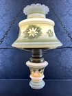 Vintage 22” White Milk Glass Green Floral Hurricane Style Swag Lamp Light ￼￼